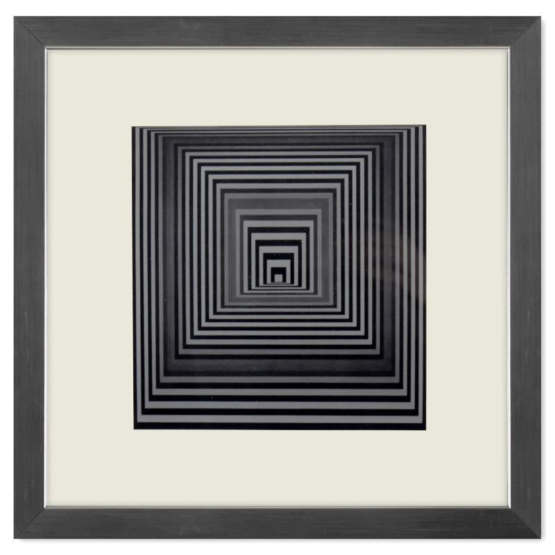 Vonal - 4 de la serie Vonal by Vasarely (1908-1997): "Vonal - 4 de la serie Vonal" is a heliogravure print on paper, published in 1971, by Victor Vasarely (1908-1997). This piece comes custom framed, with a letter of authenticity and with a 1976 Vasarel