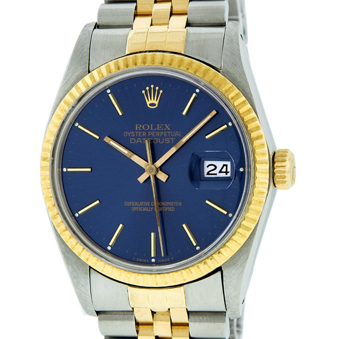 Rolex Mens 2 Tone Blue Index 36MM Oyster Perpetual Datejust: One Mens Pre Owned Yellow Gold Two Tone Rolex Datejust Polished, Serviced & Electronically Tested, Rolex Yellow Gold & Stainless Steel Case: 36mm, Rolex Yellow Gold Crown, Rolex Bezel: Yellow Gold Flu