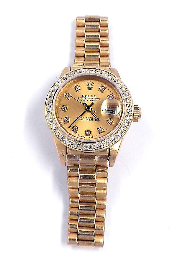 Ladies 18KT Gold Rolex Diamond DateJust Watch A2779: "Ladies 18KT Gold Rolex Diamond DateJust Watch A2779. Excellent Condition! HT1074YU. One ladies, hand crafted and machine milled Rolex DateJust model the Lady President wristwatch electronically teste