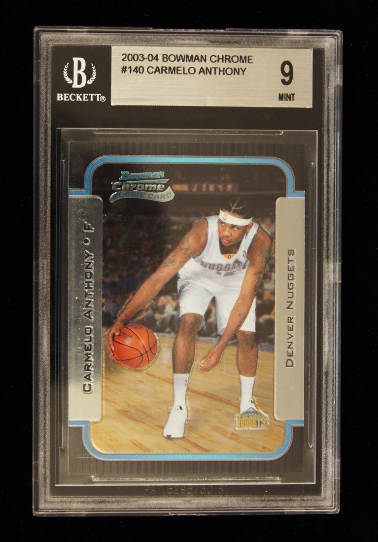 2003-04 Bowman Chrome Carmelo Anthony Rookie Card C210: "2003-04 Bowman Chrome Carmelo Anthony Rookie Card C210. As-Is Condition! One 2003-04 Bowman Chrome Carmelo Anthony Rookie Card #140. BGS Graded: 9. Team: Denver Nuggets. Thank you for viewing this lo