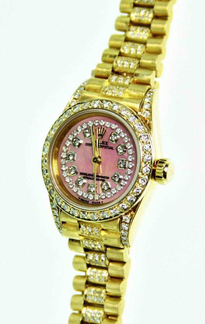 Ladies 18KT Gold Rolex Oyster Perpetual Wristwatch 2.32: "Ladies 18KT Gold Rolex Oyster Perpetual Wristwatch 2.32ct A2742. Excellent Condition! LE1046JA. One ladies hand crafted & machine milled Rolex Oyster Perpetual, model wristwatch electronically tested