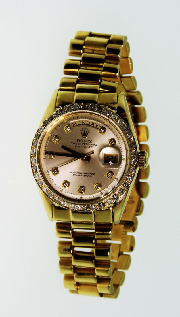Gents Rolex 18KT Gold DayDate Wristwatch 1.20ct A2745: Gents Rolex 18KT Gold DayDate Wristwatch 1.20ct A2745. Excellent Condition! HA1617JQ. One gents, hand crafted & machine milled Rolex DayDate Model the President wristwatch electronically tested 18KT y