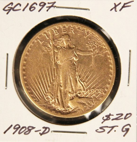 1908-D XF $20 St. Gaudens Double Eagle Gold Coin GC1697: 1908-D XF $20 St. Gaudens Double Eagle Gold Coin GC1697. As-Is Condition! SL6751MX. 1908-D XF $20 St. Gaudens Double Eagle gold coin. Thank you for viewing this lot. We are always adding new inventory
