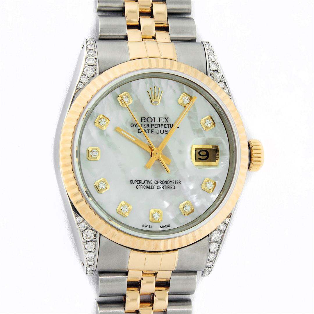 Rolex Mens 2 Tone MOP Diamond Lugs 36MM Datejust Wristwatch: One Mens Pre Owned Yellow Gold Rolex Datejust Polished Bright with Satin Finish, Serviced & Electronically Tested, Stainless Steel Case: 36mm, Custom Diamond Lugs: 28 Diamonds On Lugs, Color: G to H,