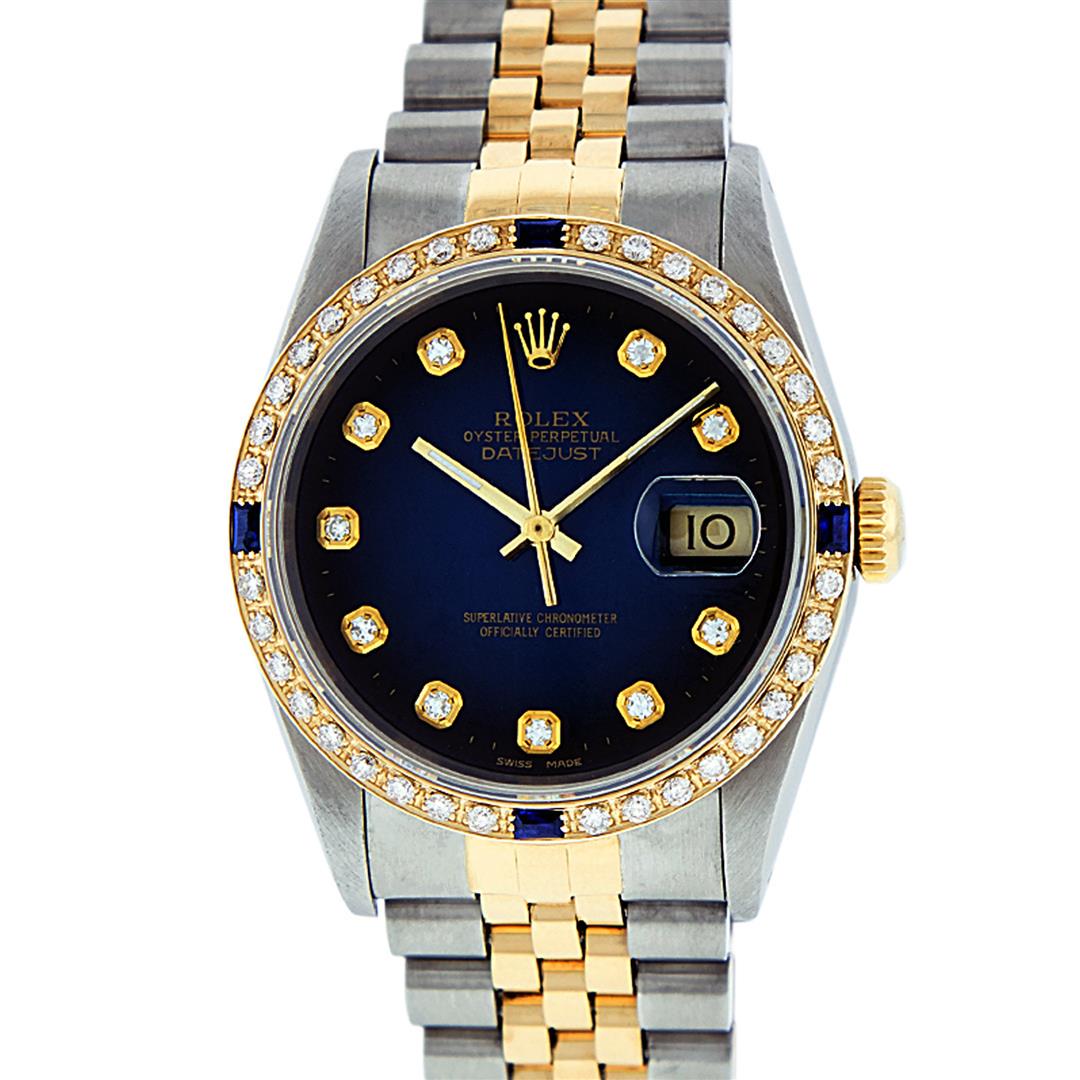 Rolex Mens 2 Tone Blue Vignette Diamond & Sapphire Datejust Wristwatch: One Mens Pre Owned Yellow Gold Two Tone Rolex Datejust Polished, Serviced & Electronically Tested, Rolex Case: Yellow Gold & Stainless Steel Case: 36mm, Rolex Yellow Gold Crown, Custom Bezel: New 18K