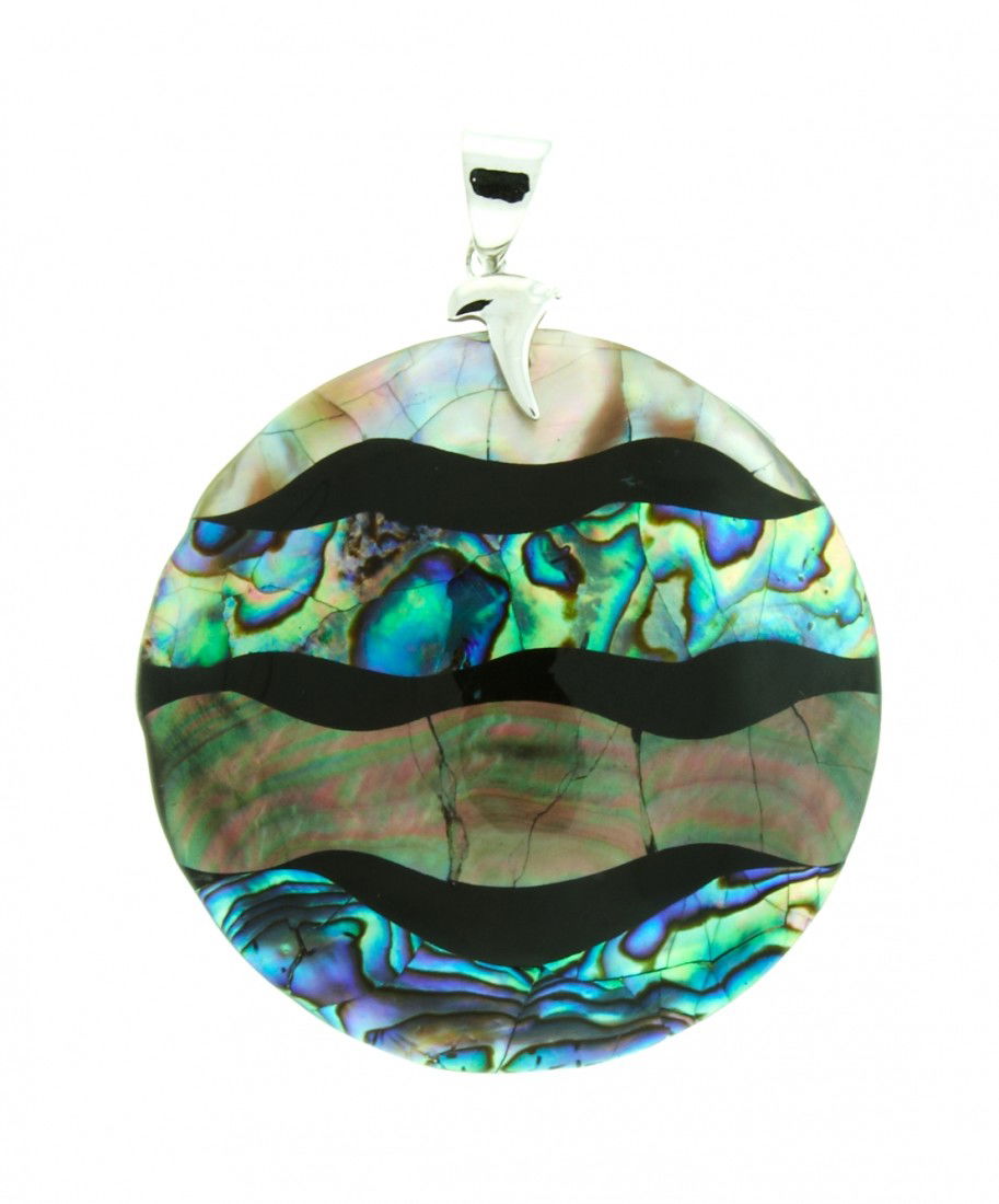 Abalone Shell Pendant RTJ566: "Abalone Shell Pendant RTJ566. Excellent Condition! JA5TQ. One abalone shell pendant measuring 2.25" diameter. Ripples of color upon a smooth backing and glossed over. Unique loop adds for touching ve