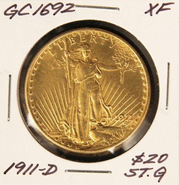 1911-D XF $20 St. Gaudens Double Eagle Gold Coin GC1692: 1911-D XF $20 St. Gaudens Double Eagle Gold Coin GC1692. As-Is Condition! WQ6751XF. 1911-D XF $20 St. Gaudens Double Eagle gold coin. Thank you for viewing this lot. We are always adding new inventory