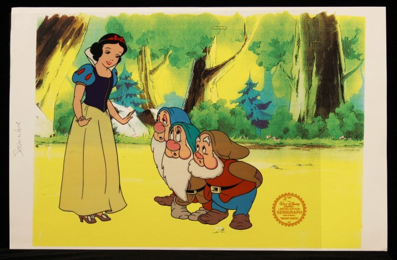 Walt Disney "Snow White w/3 Dwarfs" Serigraph Cel Disn: "Walt Disney "Snow White w/3 Dwarfs" Serigraph Cel DisneySeri9. Excellent Condition! VF82MW. One animated original limited edition fine art serigraph cel from Walt Disney's "Snow White with 3 Dwarfs".