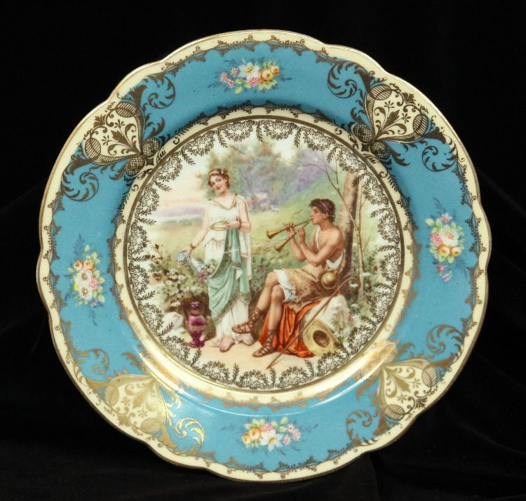 Antique Imperial Crown China Plate ED914: "Antique Imperial Crown China Plate ED914. As-Is Condition! YG63UT. Beautiful china plate by Imperial Crown China. Features a male flute player seducing his female companion, both in Greek attire. Tur