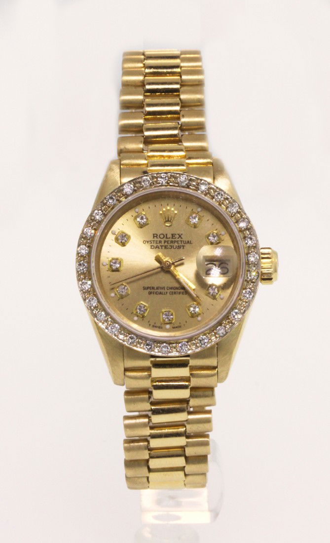 Ladies 18KTY Gold Rolex President DateJust Wristwatch A: "Ladies 18KTY Gold Rolex President DateJust WristwatchA2769 . Excellent Condition! GA1044LD. One ladies, hand crafted and machine milled Rolex Lady President, the DateJust model wristwatch electronica