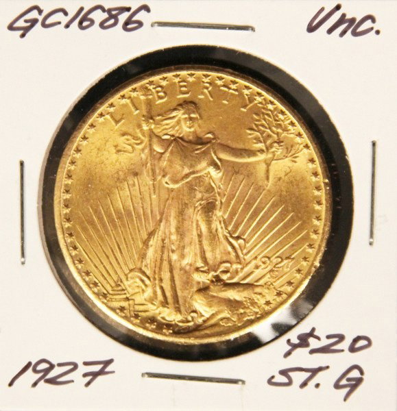 1927 UNC $20 St. Gaudens Double Eagle Gold Coin GC1686: "1927 UNC $20 St. Gaudens Double Eagle Gold Coin GC1686. As-Is Condition! WR6261HU. 1927 Uncirculated $20 St. Gaudens Double Eagle gold coin. Thank you for viewing this lot. We are always adding new i
