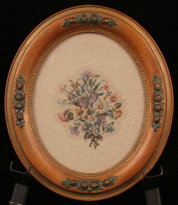 Large Antique Victorian Gesso Frame & Needlepoint ED999: "Large Antique Victorian Gesso Frame & Needlepoint ED999. Excellent Vintage Condition! BX12BY. One large antique Victorian needlepoint in a golden bronze Gesso frame. Measures 16 1/2" x 14" and is val