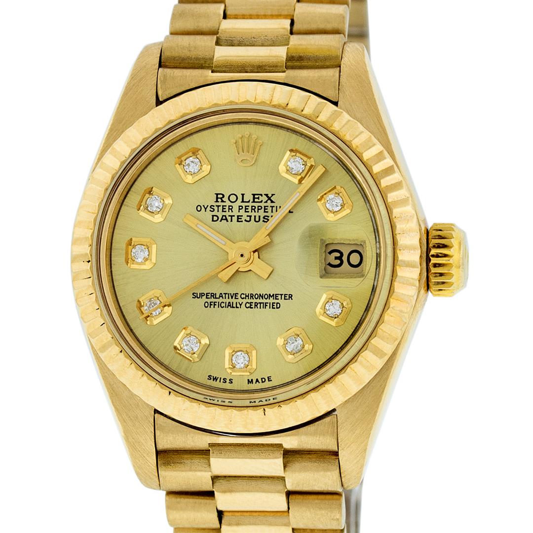 Rolex Ladies 18K Yellow Gold Champagne Diamond Datejust President Wristwatch: One Ladies Pre Owned Rolex 18K Yellow Gold President Polished, Serviced & Electronically Tested, Rolex 18K Yellow Gold Case: 26mm, Rolex 18K Yellow Gold Crown, Rolex Bezel: 18K Yellow Gold Fluted Beze