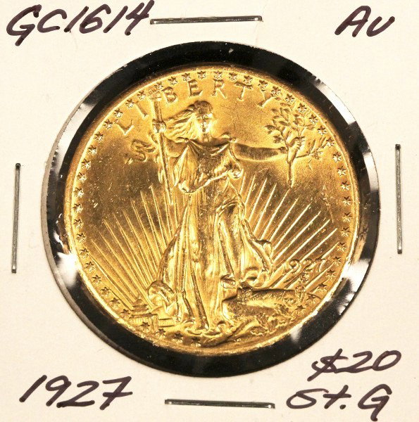 1927 $20 Au St. Gaudens Double Eagle Gold Coin GC1614: "1927 $20 Au St. Gaudens Double Eagle Gold Coin GC1614. As-Is Condition! RF1141QN. 1927 $20 Au St. Gaudens Double Eagle gold coin. Thank you for viewing this lot. We are always adding new inventory an