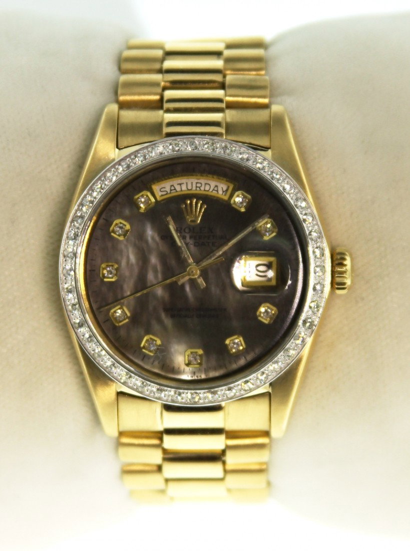 Gents Rolex 18KT Gold DayDate Wristwatch 0.86ct A2748: "Gents Rolex 18KT Gold DayDate Wristwatch 0.86ct A2748. Excellent Condition! MZ1827FQ. One gents, hand crafted & machine milled Rolex DayDate Model The President wristwatch electronically tested 18KT 