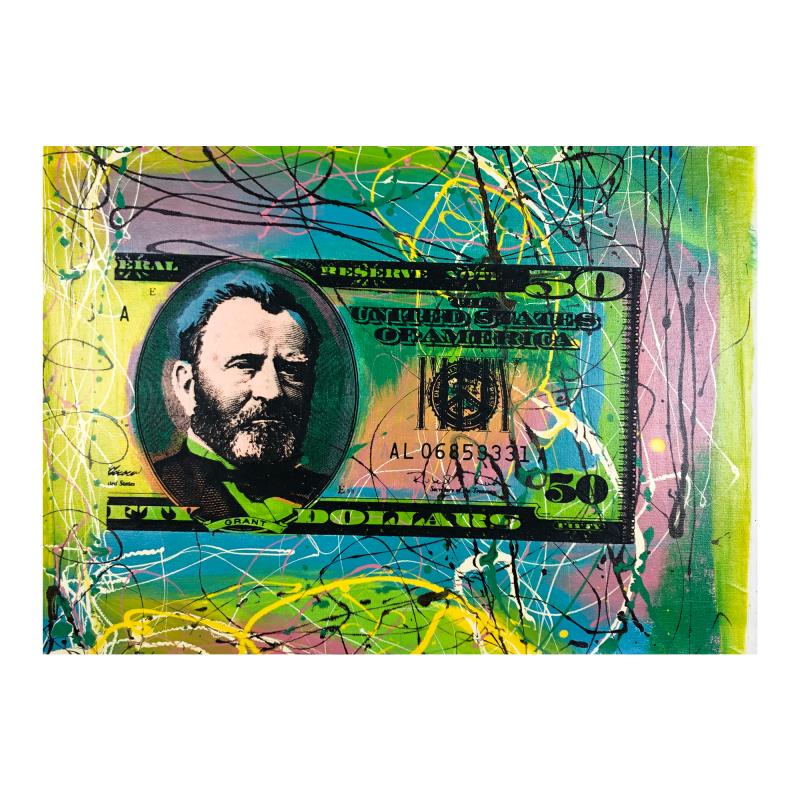 50 Dollar Bill by Steve Kaufman (1960-2010): "Half Grant" is limited edition hand pulled silkscreen unique mixed media on canvas by Andy Warhol protege Steve Kaufman (1960-2010). This piece is numbered and hand signed inverso and includes a lett