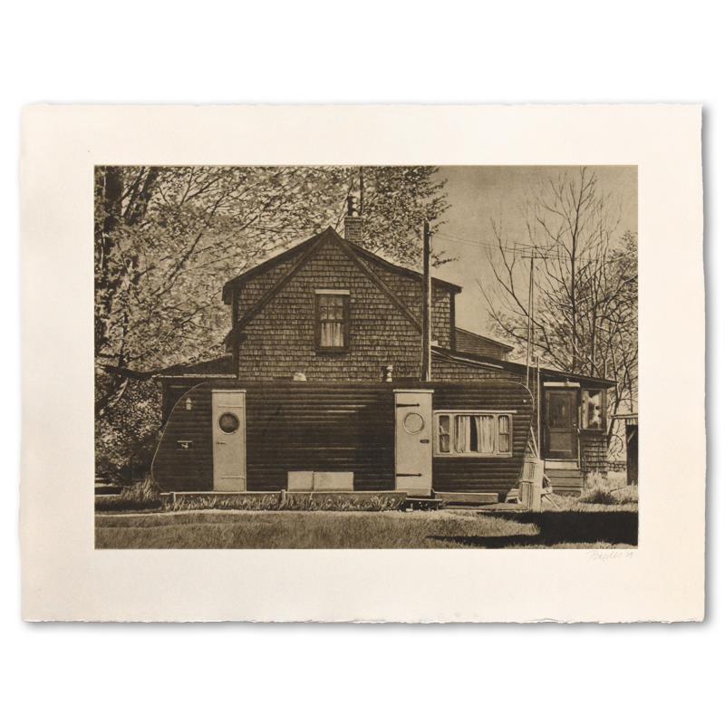 House with Trailer by Baeder, John: "House with Trailer" is a limited edition silkscreen on somerset paper by John Baeder, numbered 62/200 and hand signed by the artist. Includes Letter of Authenticity. Measures approx. 30" x 22" (borde