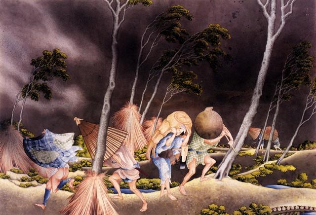 Hokusai - Peasants Surprised by a Violent Storm: Artist: Katsushika Hokusai - Title: Peasants Surprised by a Violent Storm - Medium: Fine Art Giclee on Canvas - Image Size: Approximately 21.75 inches x 32 inches - Unframed on Unstretched Canvas - Bi