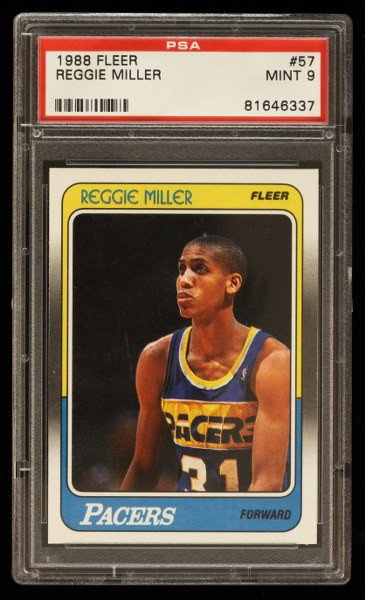 1988 Fleer Reggie Miller Rookie Card C278: "1988 Fleer Reggie Miller Rookie Card C278. As-Is Condition! NU62UU. One 1988 Fleer Reggie Miller Rookie Card #57. PSA Graded: 9. Team: Indiana Pacers. Thank you for viewing this lot. We are always ad