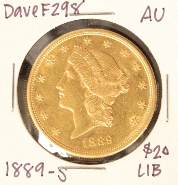 1889-S $20 AU Liberty Head Double Eagle Gold Coin DaveF: 1889-S $20 AU Liberty Head Double Eagle Gold Coin DaveF298. As-Is Condition! JW6551TH. 1889-S $20 AU Liberty Head Double Eagle Gold Coin. Thank you for viewing this lot. We are always adding new inven
