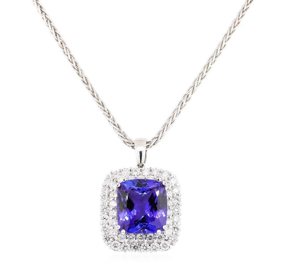 50.20 ctw Tanzanite and Diamond Pendant & Chain - 14KT White Gold: One electronically tested 14KT white gold lady's combination cast & assembled fashion pendant & chain 18.0' long, 2.3 mm square wheat link with a lobster claw clasp with a double cushion halo with a b