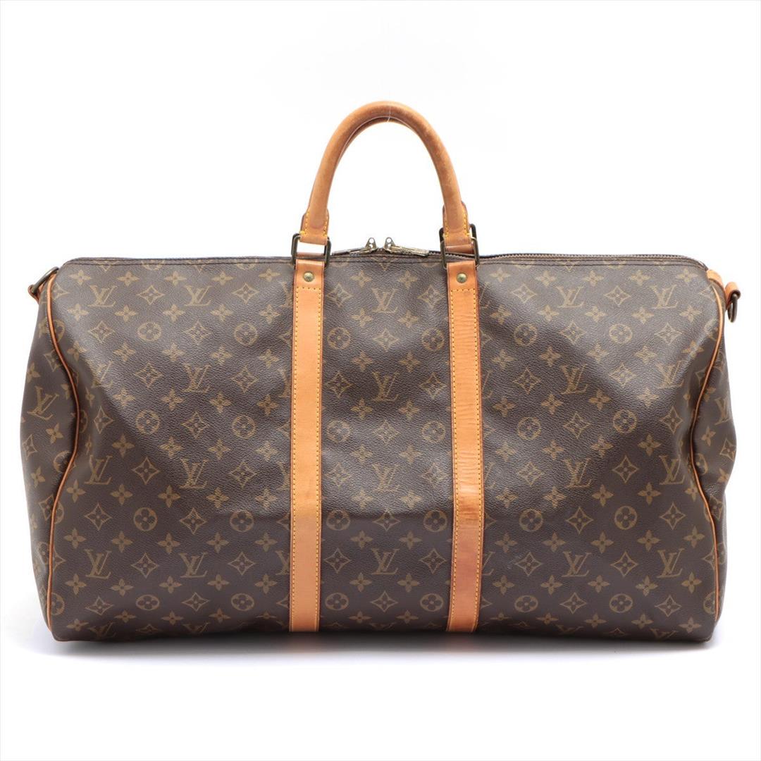 Louis Vuitton Brown Monogram Canvas Leather Keepall 55 cm Bandouliere Duffle Bag: Brown and tan monogram coated canvas Louis Vuitton Keepall Bandouliere 55 with gold-tone hardware, tan vachetta leather trim featuring yellow contrast stitching, dual rolled top handles, brown canvas 