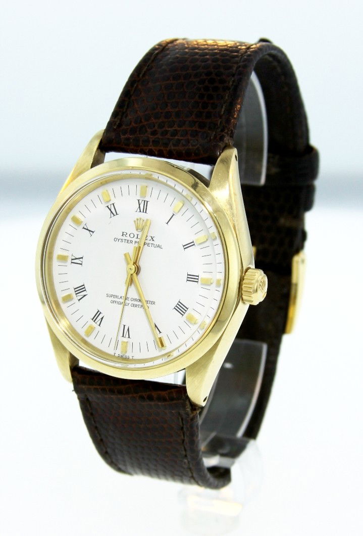 Vintage Gents Rolex 14KT Gold Oyster Perpetual Wristwat: "Vintage Gents Rolex 14KT Gold Oyster Perpetual Wristwatch A3115. Good Condition! LF1602MT. One gents hand crafted & machined milled Gents Rolex Oyster Perpetual Model wristwatch electronically tested