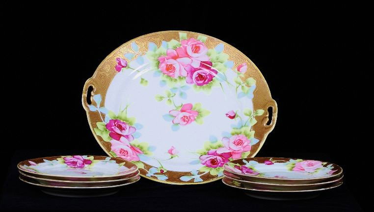 Signed Noritake Nippon Cake Plate Set w/ Floral Design : "Signed Noritake Nippon Cake Plate Set w/ Floral Design ED265 Excellent Vintage Condition! ST412MF. Beautiful 7-piece signed Nippon cake plate set, c. 1911 - 1918. The set carries mark #22 indicating 