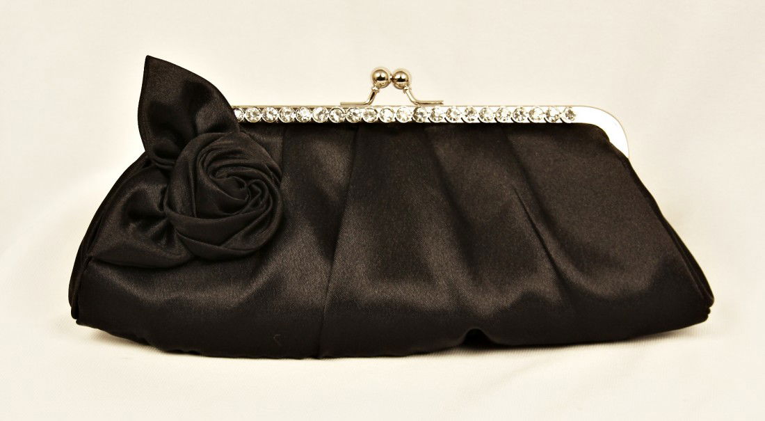 Black Rose Adorned Evening Purse/Clutch RTB33: "Black Rose Adorned Evening Purse/Clutch RTB33. Great Condition! EA8LA. One black rose adorned evening purse and clutch measuring 6" tall X 11" length. Trimmed with rhinestones this clutch comes with