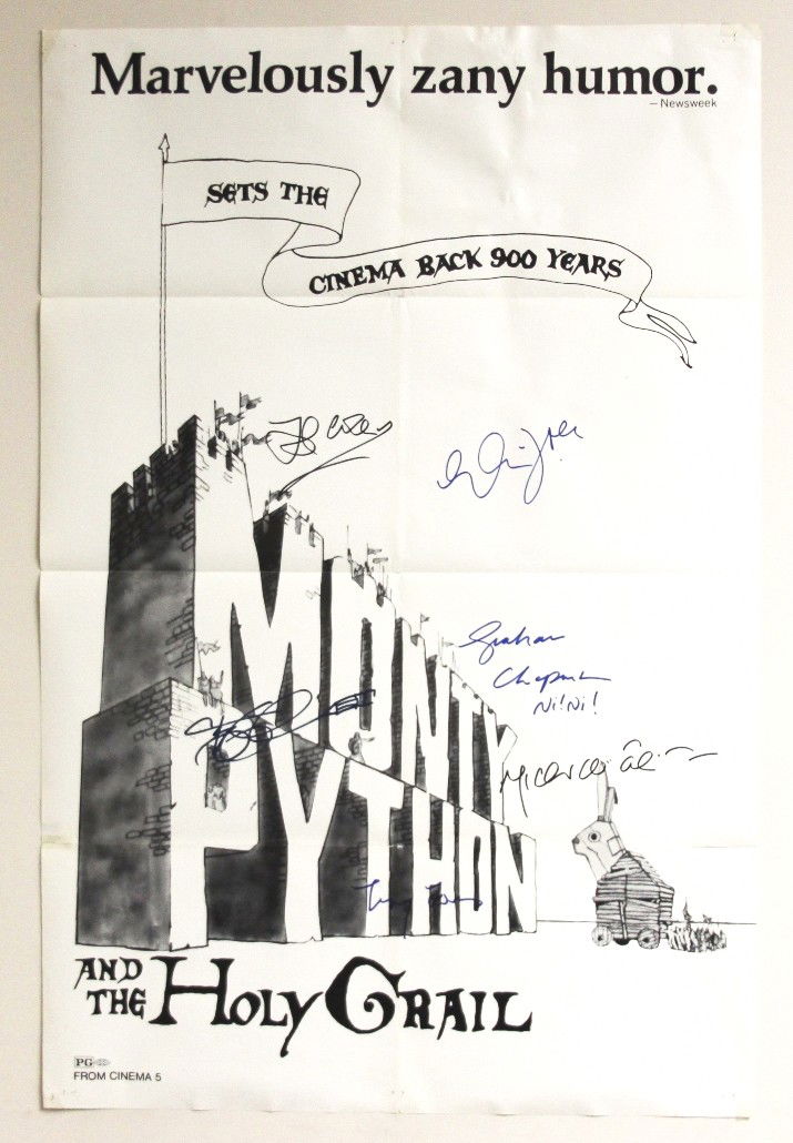 "Monty Python and the Holy Grail" Autographed Movie Pos: Monty Python and the Holy Grail" Autographed Movie Poster SM32. As-Is Condition! NM15WA. This poster of the movie "Monty Python and the Holy Grail" is autographed by Graham Chapman, John Cleese, Eric