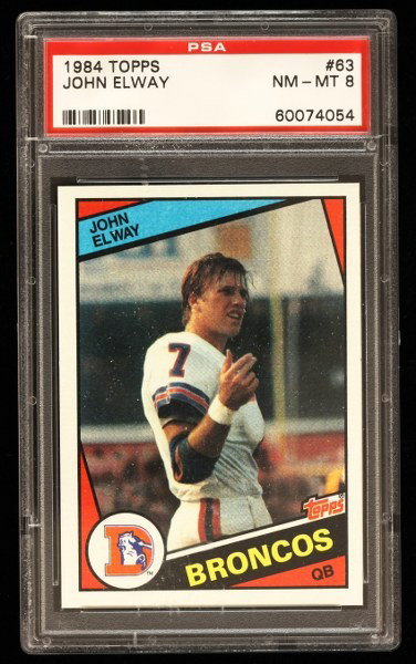 1984 Topps John Elway Rookie Card C240: 1984 Topps John Elway Rookie Card C240. As-Is Condition! FF15QF. One 1984 Topps John Elway Rookie Card #63. PSA Graded: 8. Team: Denver Broncos. Thank you for viewing this lot. We are always adding ne