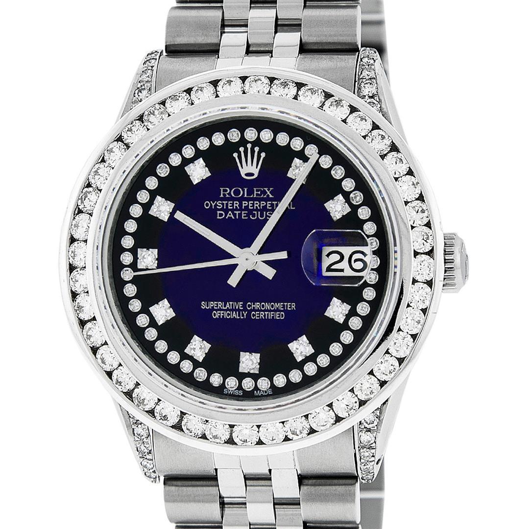 Rolex Mens Stainless Steel Blue Vignette Diamond Datejust 36MM Wristwatch: One Mens Pre Owned Stainless Steel Rolex Datejust Polished Bright with Satin Finish, Serviced & Electronically Tested, Stainless Steel Case: 36mm, Custom Diamond Lugs: 24 Diamonds On Lugs, Color: G to