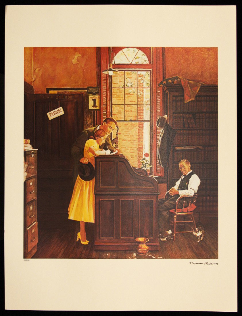 Norman Rockwell "The Marriage License" Fine Art Print A: "Norman Rockwell "The Marriage License" Fine Art Print AP175. Excellent Condition! HY63KI. One fine art print of "The Marriage License" by Norman Rockwell. Limited edition print of 2500 with Certifica