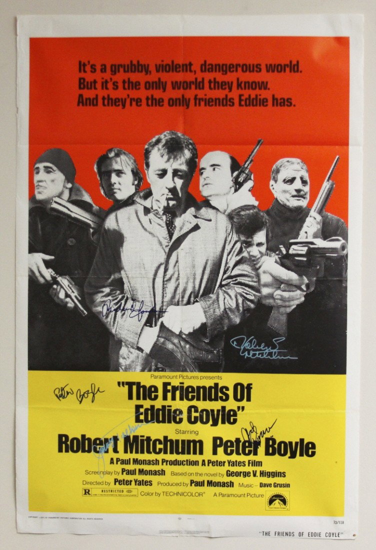 "The Friends of Eddie Coyle" Autographed Movie Poster S: ""The Friends of Eddie Coyle" Autographed Movie Poster SM34. As-Is Condition! SV15AL. This poster of the movie "The Friends of Eddie Coyle" is autographed by Peter Boyle, Robert Mitchum, Richard Jorda