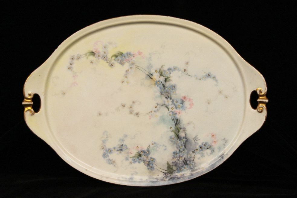 Antique GDA Hand Painted Ceramic Handled Tray ED920: "Antique GDA Hand Painted Ceramic Handled Tray ED920. As-Is Condition! SP12YF. Gorgeous hand painted ceramic handled tray by Gerard Dufraisseix and Abbot (GDA). Features blue, purple and pink flowers 