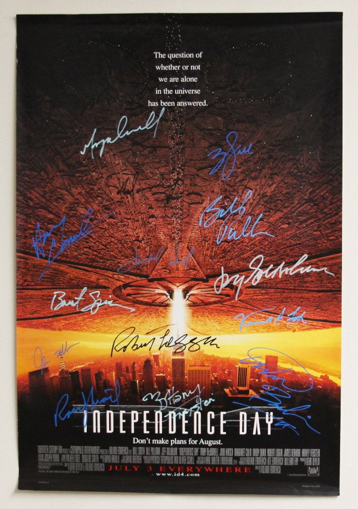 "Independence Day" Autographed Movie Poster SM37: ""Independence Day" Autographed Movie Poster SM37. As-Is Condition! DS15MS. This poster of the movie "Independence Day" is autographed by Will Smith, Bill Pullman, Jeff Goldblum, Mary McDonnell, Judd 