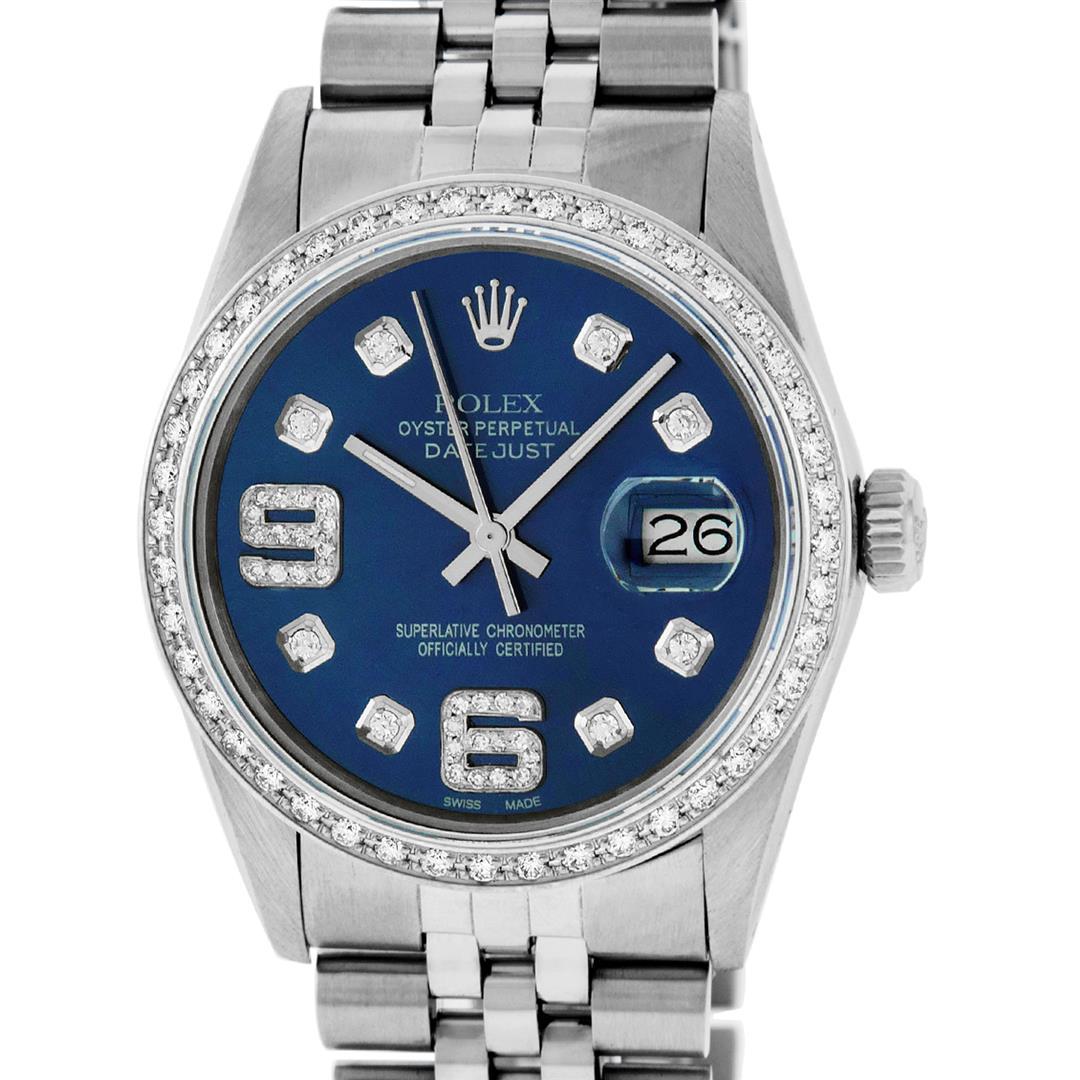 Rolex Mens Stainless Steel Blue Diamond 36MM Datejust Wristwatch: One Mens Pre Owned Stainless Steel Rolex Datejust Polished, Serviced & Electronically Tested, Rolex Stainless Steel Case: 36mm, Stainless Steel Crown, Custom Bezel: New 18K White Gold Beadset Diamond
