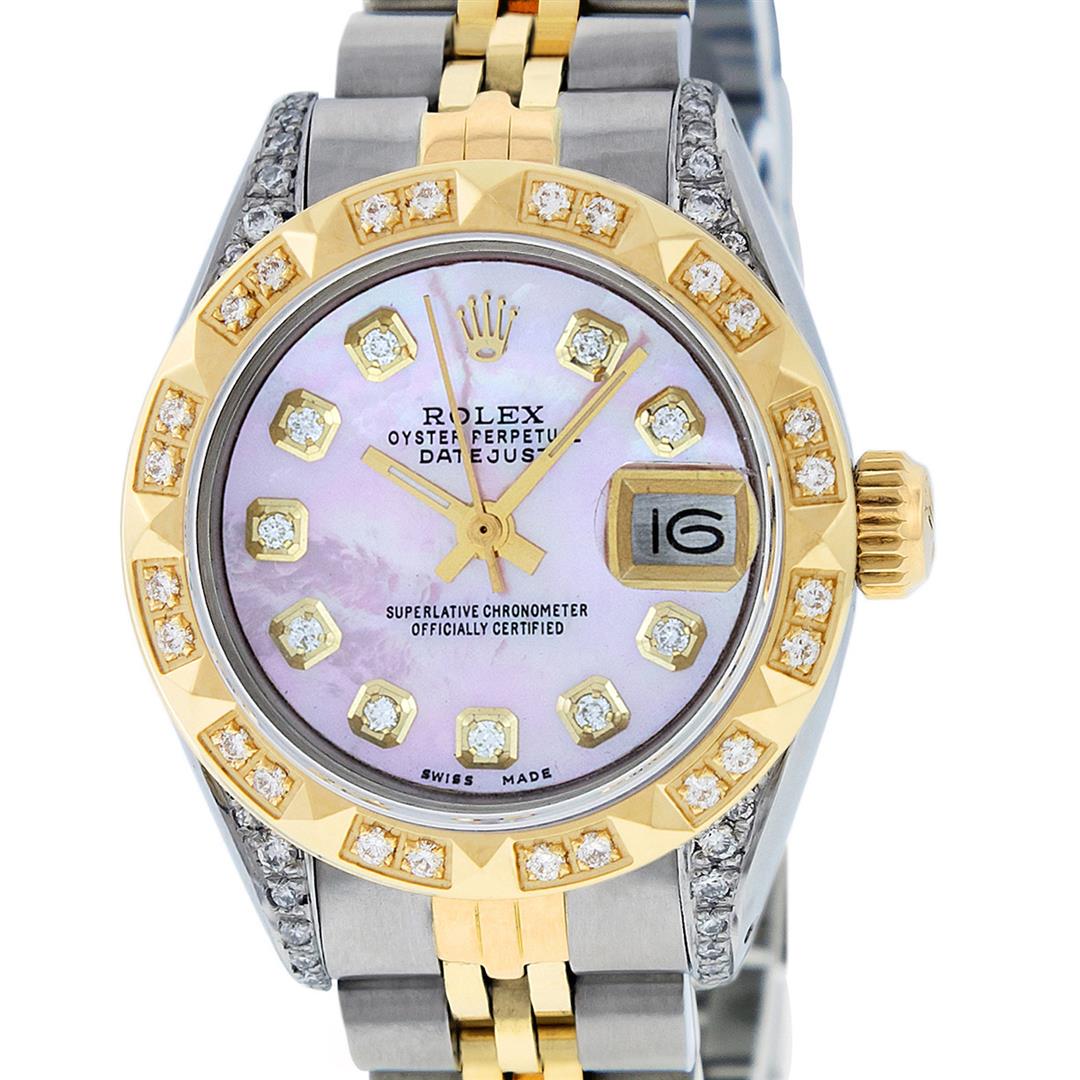 Rolex Ladies 2 Tone Pink MOP Diamond Lugs & Pyramid Datejust Wriswatch: One Ladies Pre Owned Two Tone Rolex Datejust Polished, Serviced & Electronically Tested, Rolex Yellow Gold & Stainless Steel Case: 26mm, Rolex Yellow Gold Crown, Custom Diamond Lugs: 24 Diamonds On Lu
