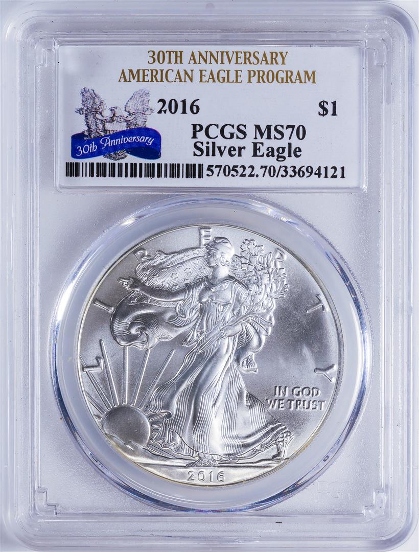 2016 $1 American Silver Eagle PCGS MS70 30th Anniversary: One 2016 $1 American Silver Eagle PCGS MS70 30th Anniversary.