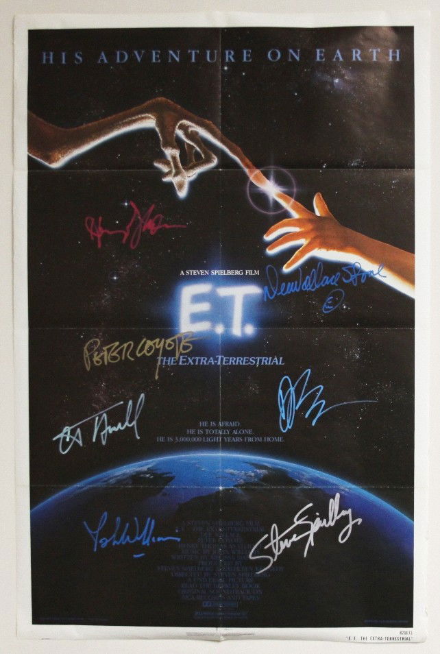 "E.T." Autographed Movie Poster SM47: ""E.T." Autographed Movie Poster SM47. As-Is Condition! UC15DS. This poster of the movie "E.T." is autographed by Steven Spielberg, John Williams, Peter Coyote, Dee Wallace, Henry Thomas, Drew Barrymo
