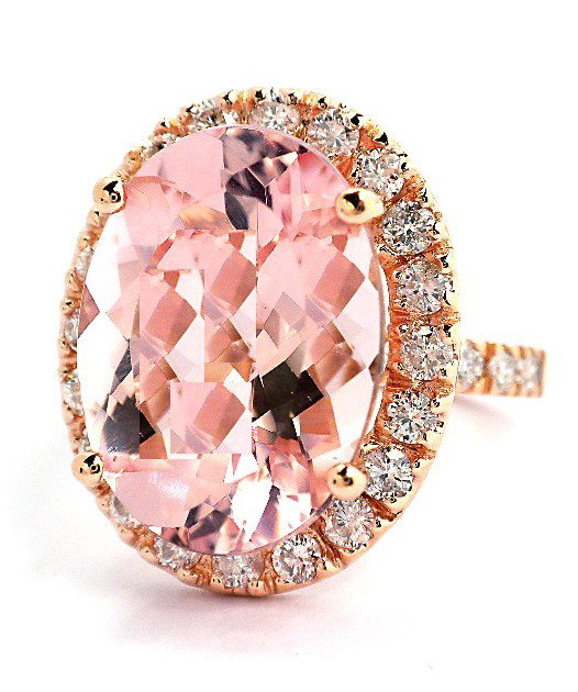 14KT Rose Gold 7.76ct Morganite and Diamond Ring A3131: "14KT Rose Gold 7.76ct Morganite and Diamond Ring A3131. New Condition! KE608LI. One electronically tested 14KT rose gold ladies cast morganite and diamond ring. Good workmanship. The featured morgani