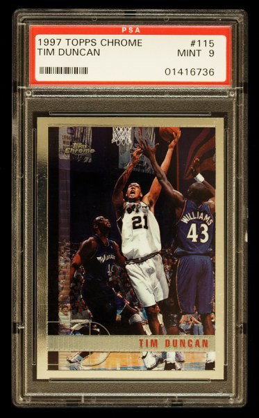 1997 Topps Chrome Tim Duncan Rookie Card C233: "1997 Topps Chrome Tim Duncan Rookie Card C233. As-Is Condition! PQ13ZF. One 1997 Topps Chrome Tim Duncan Rookie Card #115. PSA Graded: 9. Team: San Antonio Spurs. Thank you for viewing this lot. We a