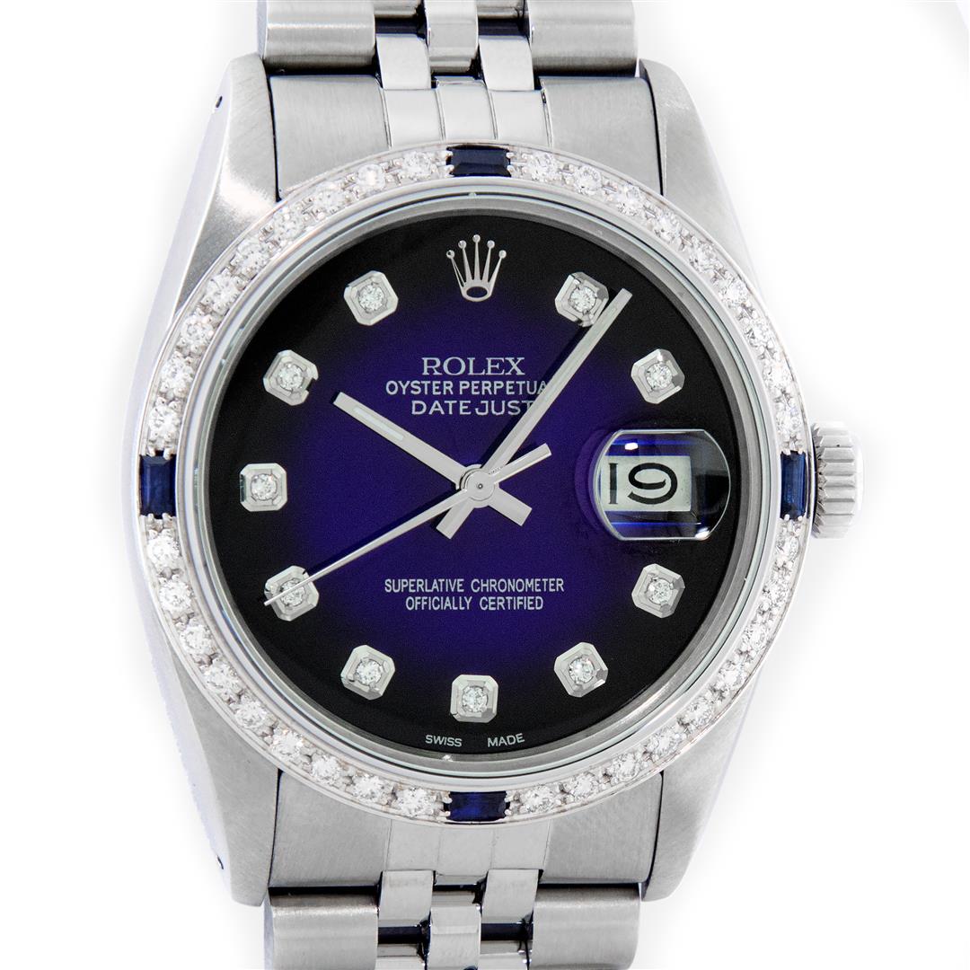Rolex Mens Stainless Steel Blue Vignette Diamond & Sapphire Datejust Wristwatch: One Mens Pre Owned Rolex Datejust Polished Bright with Satin Finish, This Watch Has Been Serviced & Electronically Tested, Rolex Stainless Steel Case: 36mm, Rolex Stainless Steel Crown, Custom Bezel: