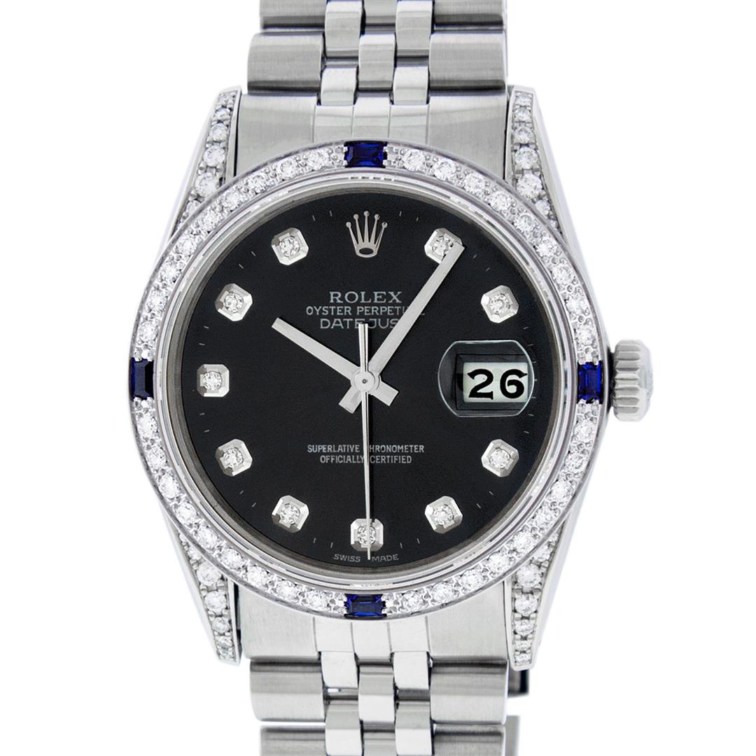 Rolex Mens Stainless Steel Diamond Lugs Black Diamond & Sapphire Datejust Wristw: One Mens Pre Owned Rolex Datejust Polished Bright with Satin Finish, Serviced & Electronically Tested, Rolex Stainless Steel Case: 36mm, Custom Diamond Lugs: 28 Diamonds In Lugs, Color: G to H, Clarit