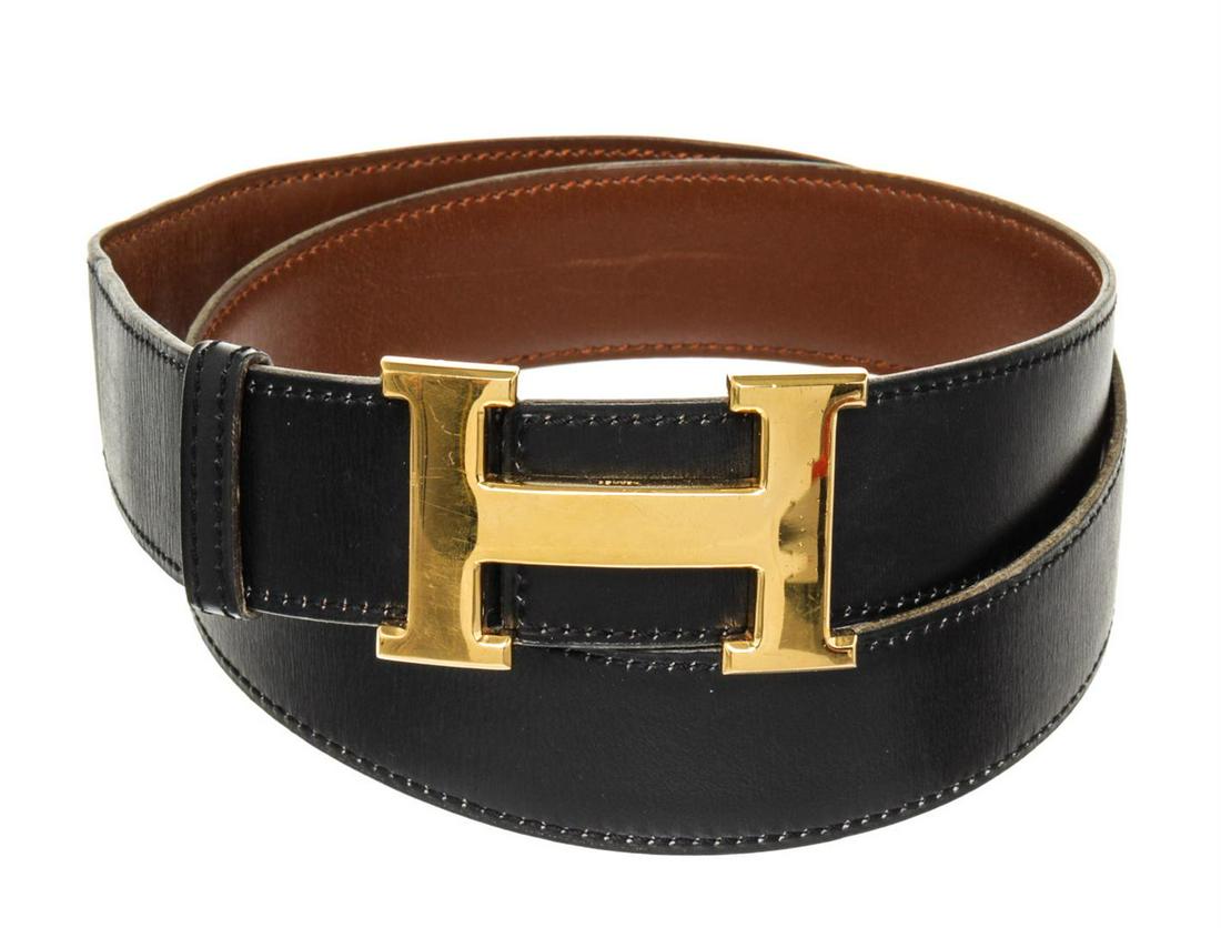 Hermes Black Leather H Belt: Hermes Black Leather H Belt with leather gold-tone hardware and turn lock closure.