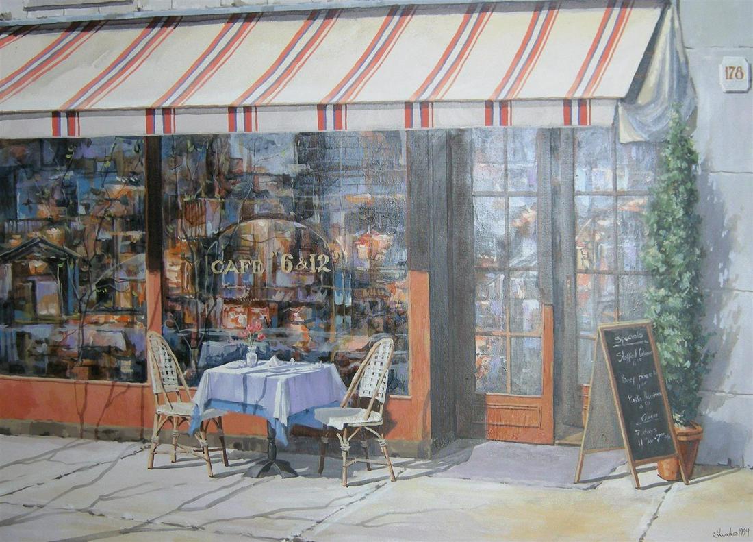 Cafe 6 and 12 by Victor Shvaiko: Artist Victor Shvaiko brings to life a charming sidewalk café underneath a striped awning. The oil on canvas measures 36 x 48; framed image measures approx. 48 x 60.