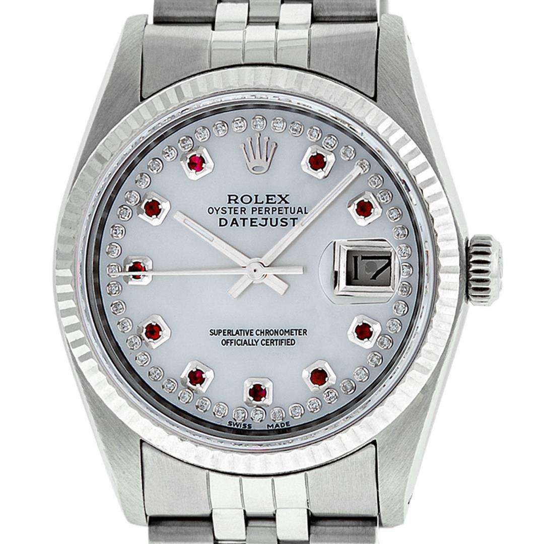 Rolex Mens Stainless Steel Mother Of Pearl Diamond & Ruby Datejust Wristwatch: One Mens Pre Owned Stainless Steel Rolex Datejust Polished Bright with Satin Finish, Serviced & Electronically Tested, Rolex Stainless Steel Case: 36mm, Rolex Stainless Steel Crown, Rolex Bezel: 14K W