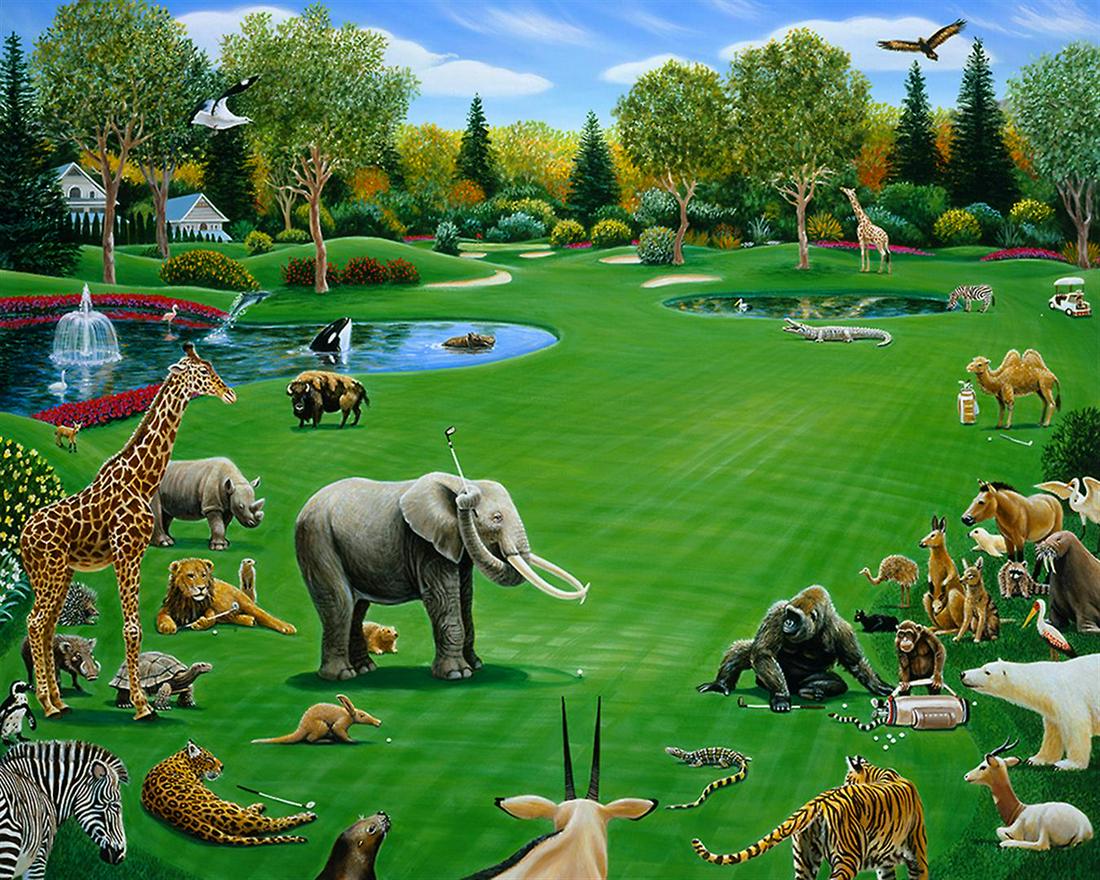 THE SKINS GAME by Charles Lynn Bragg: Giclee on paper, limited edition by Charless Lynn Bragg. Animals learn to play golf right where their Old Growth, Ancient Habitat used to be. 25 x 20