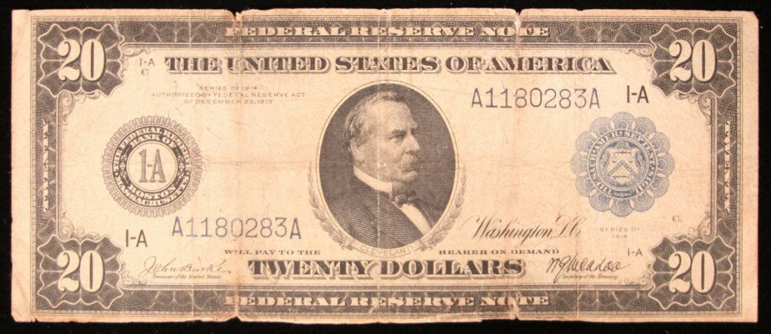 1914 $20 Blue Seal FRN Cleveland Burke/McAdoo PM2012: 1914 $20 Blue Seal FRN Cleveland Burke/McAdoo PM2012. As-Is Condition! BK101PR. 1914 $20 Blue Seal Federal Reserve Note Cleveland Burke/McAdoo. Thank you for viewing this lot. We are always adding new
