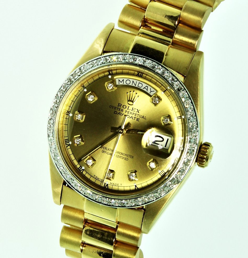 Gents Rolex 18KT Gold DayDate Wristwatch 0.38ct A2743: "Gents Rolex 18KT Gold DayDate Wristwatch 0.38ct A2743. Excellent Condition! MA1317LZ. One gents, hand crafted & machine milled Rolex DayDate Model The President wristwatch electronically tested 18KT